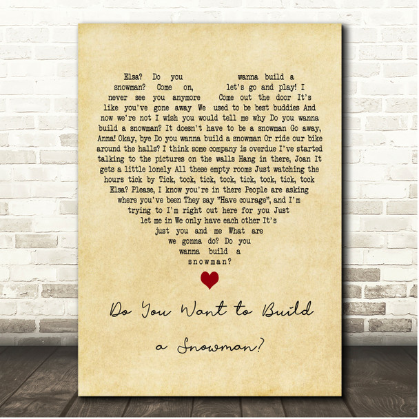 Kristen Bell, Agatha Lee Monn & Katie Lopez Do You Want to Build a Snowman Vintage Heart Song Lyric Print