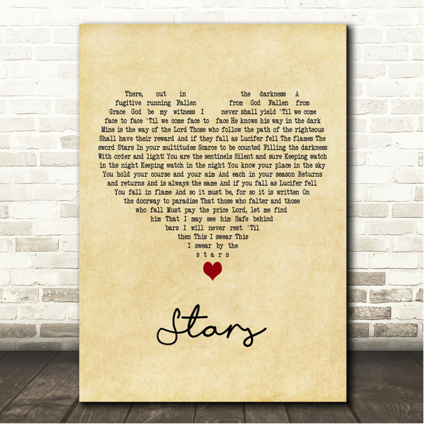 Les Miserables Stars Vintage Heart Song Lyric Print