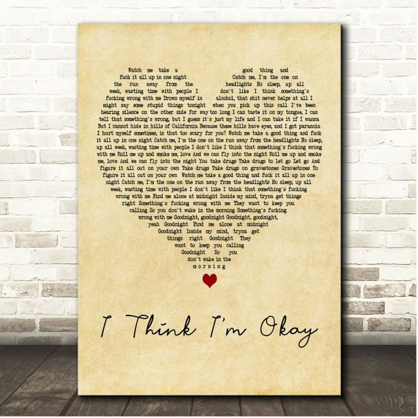 Machine Gun Kelly, YUNGBLUD & Travis Baker I Think I'm Okay Vintage Heart Song Lyric Print