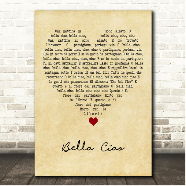 Manu Pilas Bella Ciao Vintage Heart Song Lyric Print