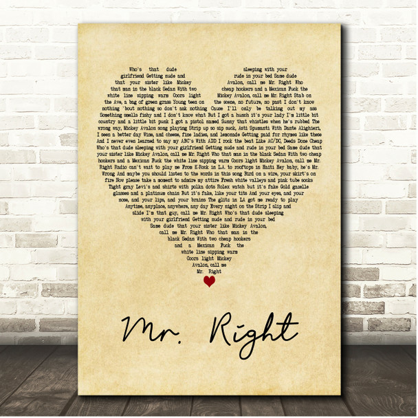 Mickey Avalon Mr. Right Vintage Heart Song Lyric Print