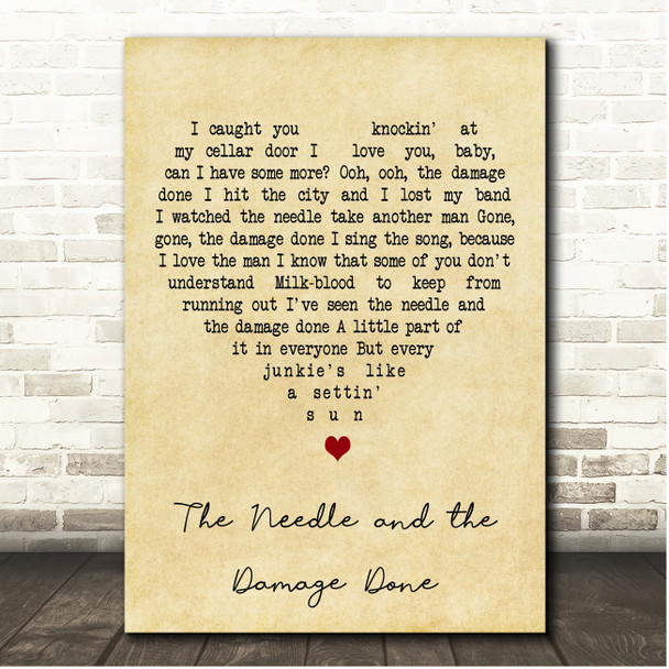 Neil Young The Needle and the Damage Done Vintage Heart Song Lyric Print