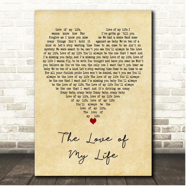 Pandora The Love of My Life Vintage Heart Song Lyric Print