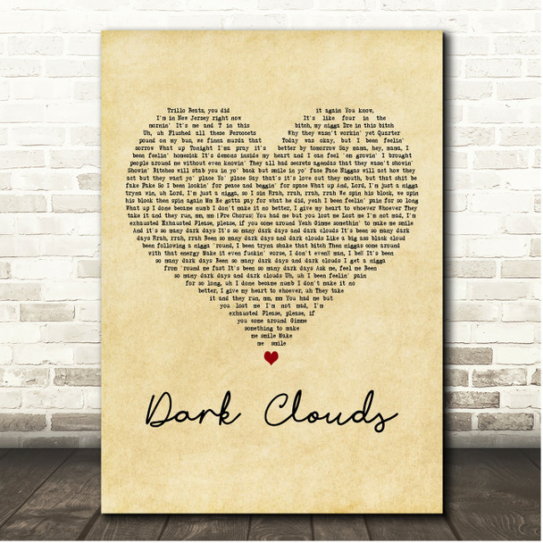 Rod Wave Dark Clouds Vintage Heart Song Lyric Print