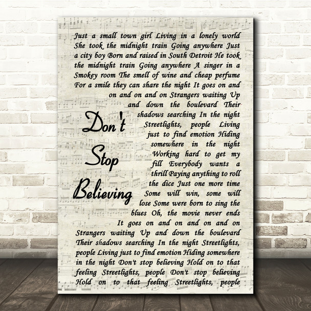 Journey Don't Stop Believing Vintage Script Song Lyric Quote Print