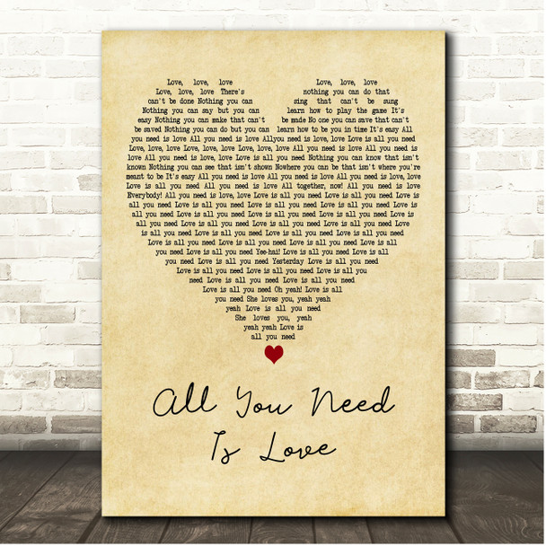 The Beatles All You Need Is Love Vintage Heart Song Lyric Print