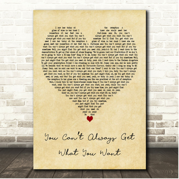 The Rolling Stones You Cant Always Get What You Want Vintage Heart Song Lyric Print