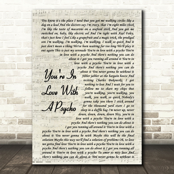 Kasabian You're In Love With A Psycho Vintage Script Song Lyric Quote Print