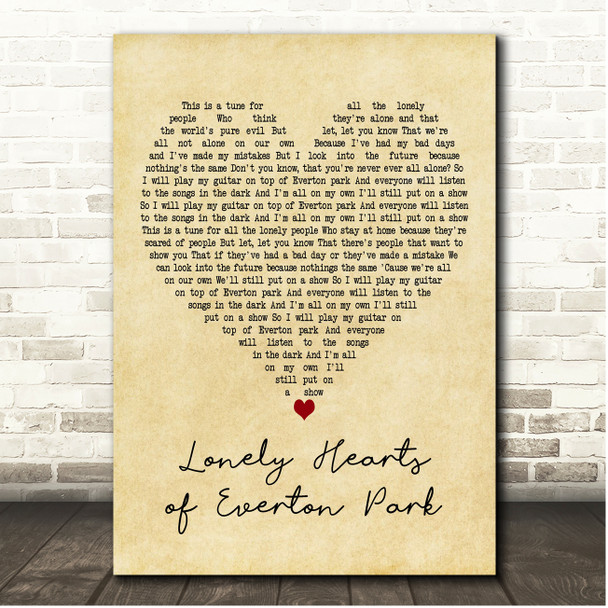 Tom Rogan Lonely Hearts of Everton Park Vintage Heart Song Lyric Print