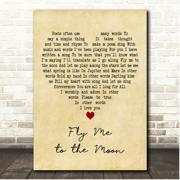 Tony Bennett Fly Me to the Moon Vintage Heart Song Lyric Print