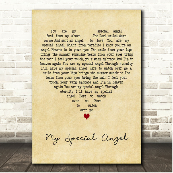 Bobby Vinton My Special Angel Vintage Heart Song Lyric Print