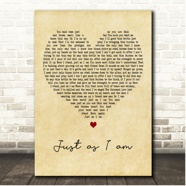 Brantley Gilbert Just as I am Vintage Heart Song Lyric Print