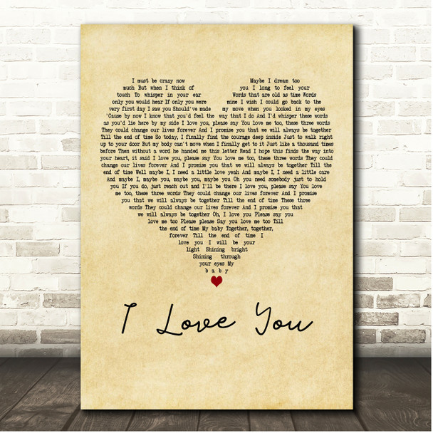 Céline Dion I Love You Vintage Heart Song Lyric Print