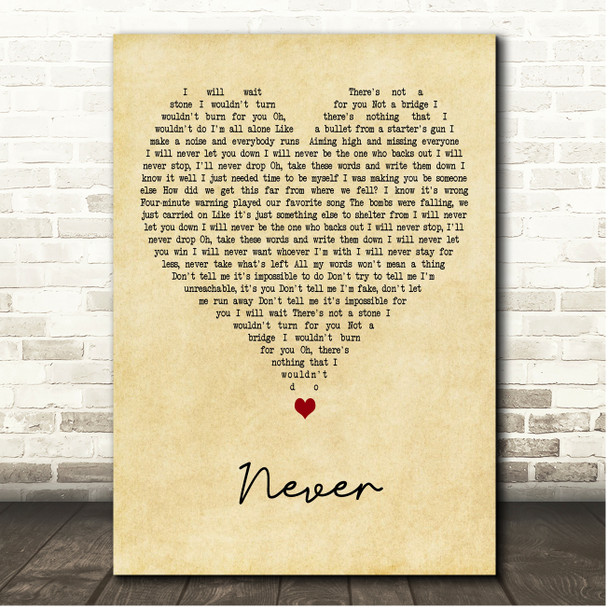 Embrace Never Vintage Heart Song Lyric Print