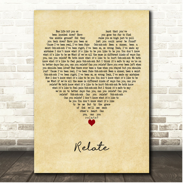 for KING & COUNTRY RELATE Vintage Heart Song Lyric Print
