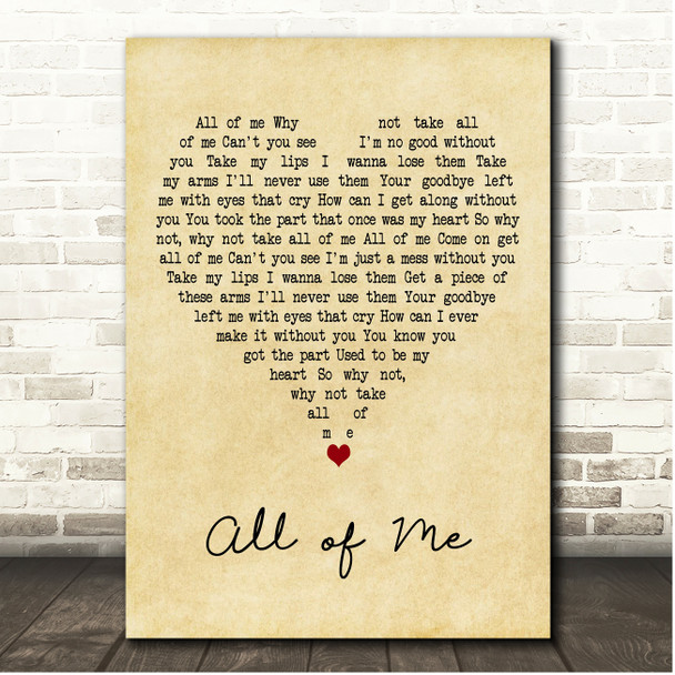 Frank Sinatra All of Me Vintage Heart Song Lyric Print