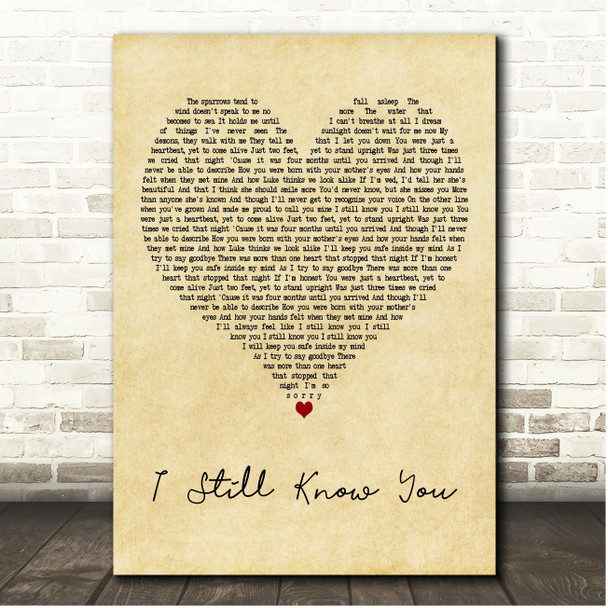 Jacob Lee I Still Know You Vintage Heart Song Lyric Print
