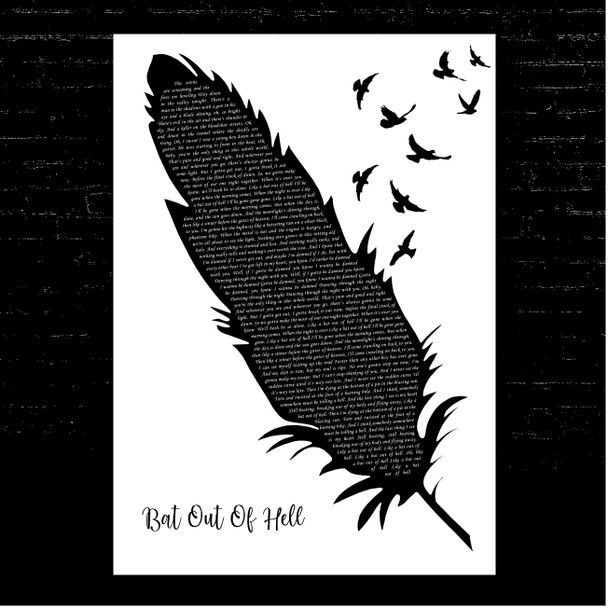 Meat Loaf Bat Out Of Hell Black & White Feather & Birds Song Lyric Print