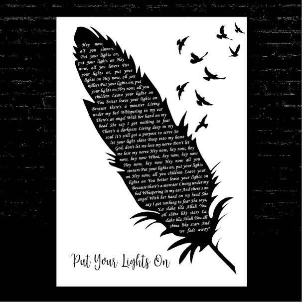 Santana Put Your Lights On Black & White Feather & Birds Song Lyric Print