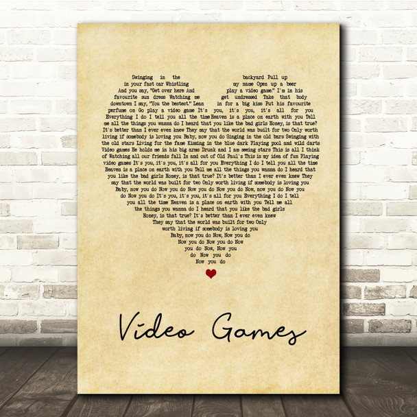 Lana Del Rey Video Games Vintage Heart Song Lyric Quote Print