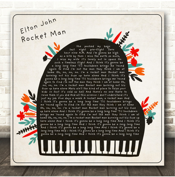 Elton John Rocket Man Floral Piano Square Song Lyric Print