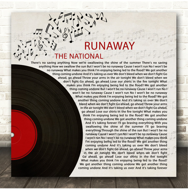 The National Runaway Half Record & Music Notes Song Lyric Print