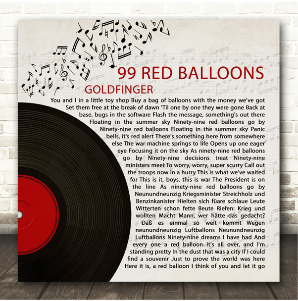 Goldfinger 99 Red Balloons Half Record & Music Notes Song Lyric Print