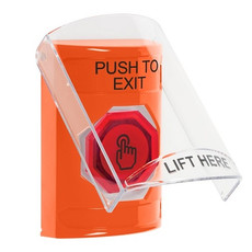 SS25A7PX-EN STI Orange Indoor Only Flush or Surface w/ Horn Weather Resistant Momentary (Illuminated) with Orange Lens Stopper Station with PUSH TO EXIT Label English