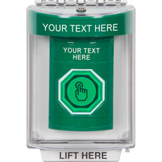 SS2136ZA-EN STI Green Indoor/Outdoor Flush Momentary (Illuminated) with Green Lens Stopper Station with Non-Returnable Custom Text Label English