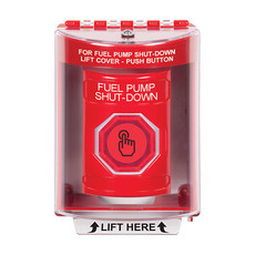 SS2086PS-EN STI Red Indoor/Outdoor Surface w/ Horn Momentary (Illuminated) with Red Lens Stopper Station with FUEL PUMP SHUT DOWN Label English