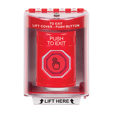 SS2086PX-EN STI Red Indoor/Outdoor Surface w/ Horn Momentary (Illuminated) with Red Lens Stopper Station with PUSH TO EXIT Label English