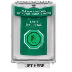 SS2147HV-EN STI Green Indoor/Outdoor Flush w/ Horn Weather Resistant Momentary (Illuminated) with Green Lens Stopper Station with HVAC SHUT DOWN Label English