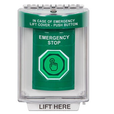 SS2136ES-EN STI Green Indoor/Outdoor Flush Momentary (Illuminated) with Green Lens Stopper Station with EMERGENCY STOP Label English
