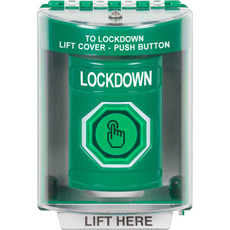 SS2176LD-EN STI Green Indoor/Outdoor Surface Momentary (Illuminated) with Green Lens Stopper Station with LOCKDOWN Label English