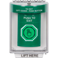 SS2146PX-EN STI Green Indoor/Outdoor Flush w/ Horn Momentary (Illuminated) with Green Lens Stopper Station with PUSH TO EXIT Label English