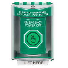 SS2186PO-EN STI Green Indoor/Outdoor Surface w/ Horn Momentary (Illuminated) with Green Lens Stopper Station with EMERGENCY POWER OFF Label English
