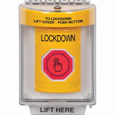 SS2236LD-EN STI Yellow Indoor/Outdoor Flush Momentary (Illuminated) with Red Lens Stopper Station with LOCKDOWN Label English