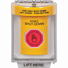 SS2246HV-EN STI Yellow Indoor/Outdoor Flush w/ Horn Momentary (Illuminated) with Red Lens Stopper Station with HVAC SHUT DOWN Label English