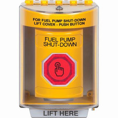 SS2276PS-EN STI Yellow Indoor/Outdoor Surface Momentary (Illuminated) with Red Lens Stopper Station with FUEL PUMP SHUT DOWN Label English