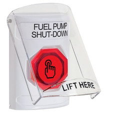 SS2327PS-EN STI White Indoor Only Flush or Surface Weather Resistant Momentary (Illuminated) with Red Lens Stopper Station with FUEL PUMP SHUT DOWN Label English