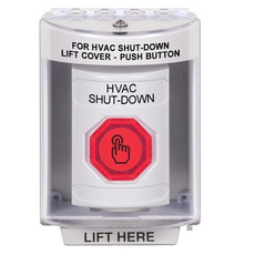 SS2386HV-EN STI White Indoor/Outdoor Surface w/ Horn Momentary (Illuminated) with Red Lens Stopper Station with HVAC SHUT DOWN Label English