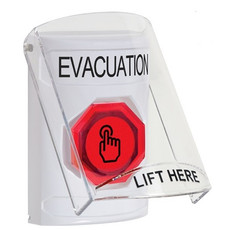 SS23A6EV-EN STI White Indoor Only Flush or Surface w/ Horn Momentary (Illuminated) with Red Lens Stopper Station with EVACUATION Label English