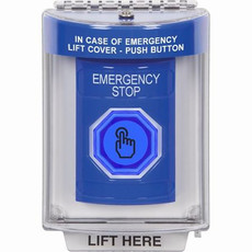 SS2437ES-EN STI Blue Indoor/Outdoor Flush Weather Resistant Momentary (Illuminated) with Blue Lens Stopper Station with EMERGENCY STOP Label English
