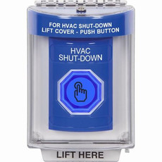 SS2437HV-EN STI Blue Indoor/Outdoor Flush Weather Resistant Momentary (Illuminated) with Blue Lens Stopper Station with HVAC SHUT DOWN Label English
