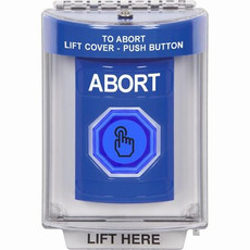 SS2447AB-EN STI Blue Indoor/Outdoor Flush w/ Horn Weather Resistant Momentary (Illuminated) with Blue Lens Stopper Station with ABORT Label English