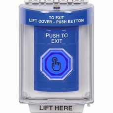 SS2447PX-EN STI Blue Indoor/Outdoor Flush w/ Horn Weather Resistant Momentary (Illuminated) with Blue Lens Stopper Station with PUSH TO EXIT Label English