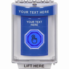 SS2447ZA-EN STI Blue Indoor/Outdoor Flush w/ Horn Weather Resistant Momentary (Illuminated) with Blue Lens Stopper Station with Non-Returnable Custom Text Label English