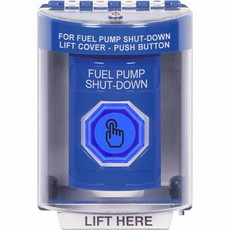 SS2477PS-EN STI Blue Indoor/Outdoor Surface Weather Resistant Momentary (Illuminated) with Blue Lens Stopper Station with FUEL PUMP SHUT DOWN Label English
