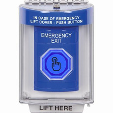 SS2436EX-EN STI Blue Indoor/Outdoor Flush Momentary (Illuminated) with Blue Lens Stopper Station with EMERGENCY EXIT Label English