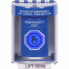 SS2487EX-EN STI Blue Indoor/Outdoor Surface w/ Horn Weather Resistant Momentary (Illuminated) with Blue Lens Stopper Station with EMERGENCY EXIT Label English